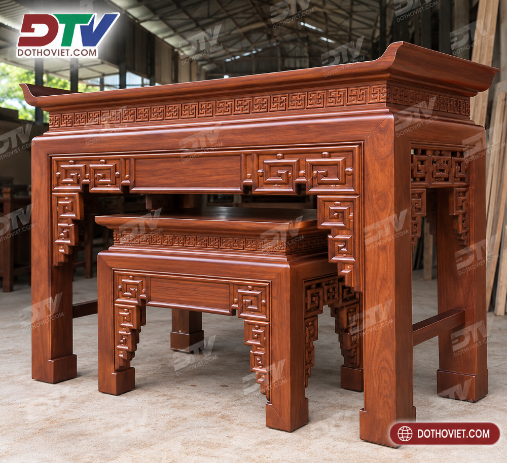 Bộ bàn thờ gỗ Gõ đỏ 153cm chạm họa tiết Hồi Văn truyền thống màu nâu gụ